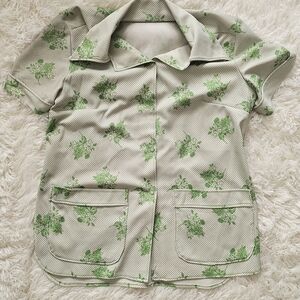 Vintage 1970s Dagger Collar Floral Polka Dot Button Down Womens Top Size Large